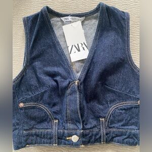 ZARA Dark Blue Sleeveless Cropped Denim Vest/Top - Size XS - NEW